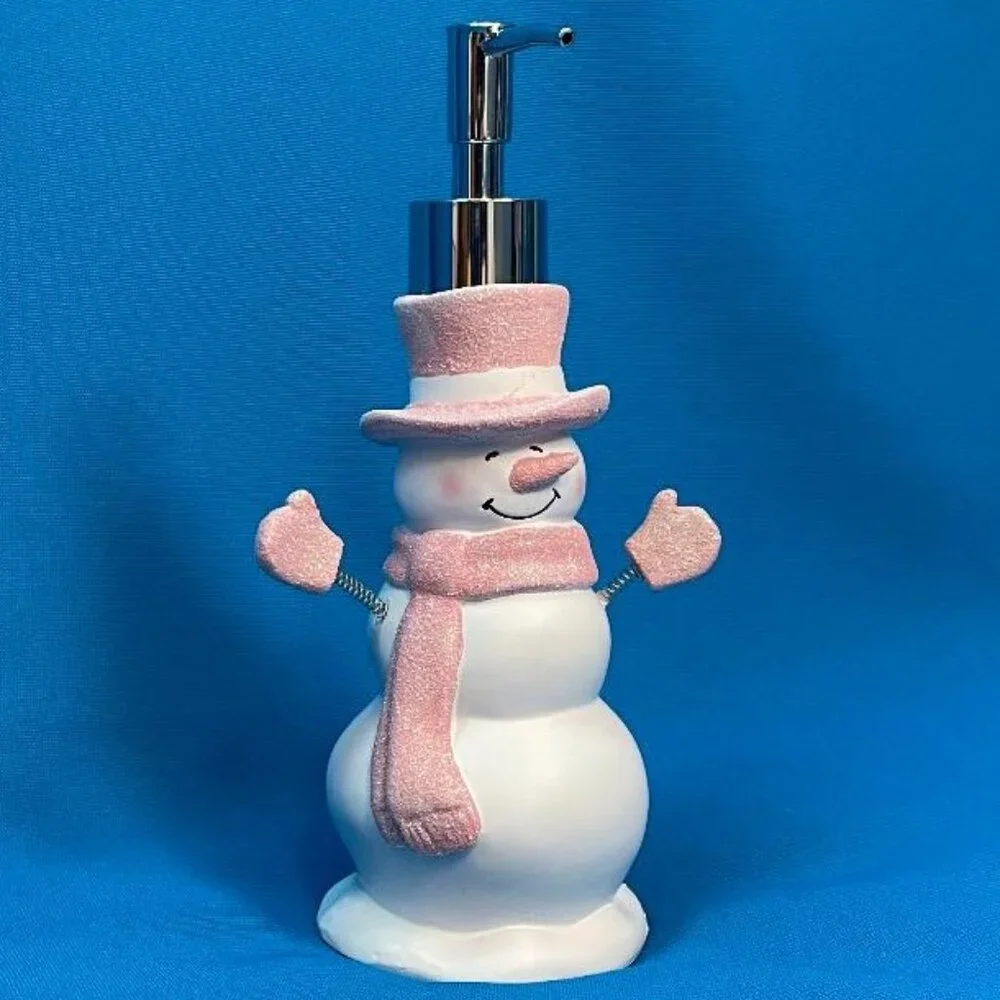 NEW ADORABLE SNOWMAN SOAP / LOTION PUMP DISPENSER WHITE & PINK GLITTER SPARKLE